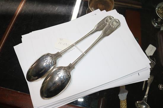 A pair of early Victorian silver fiddle, thread and shell pattern basting spoons by William Eaton, London, 1838, 10 oz.